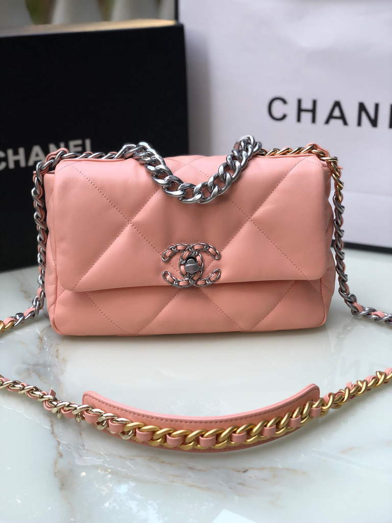 Chanel 19 handbags AS1160 Lambskin light pink silver