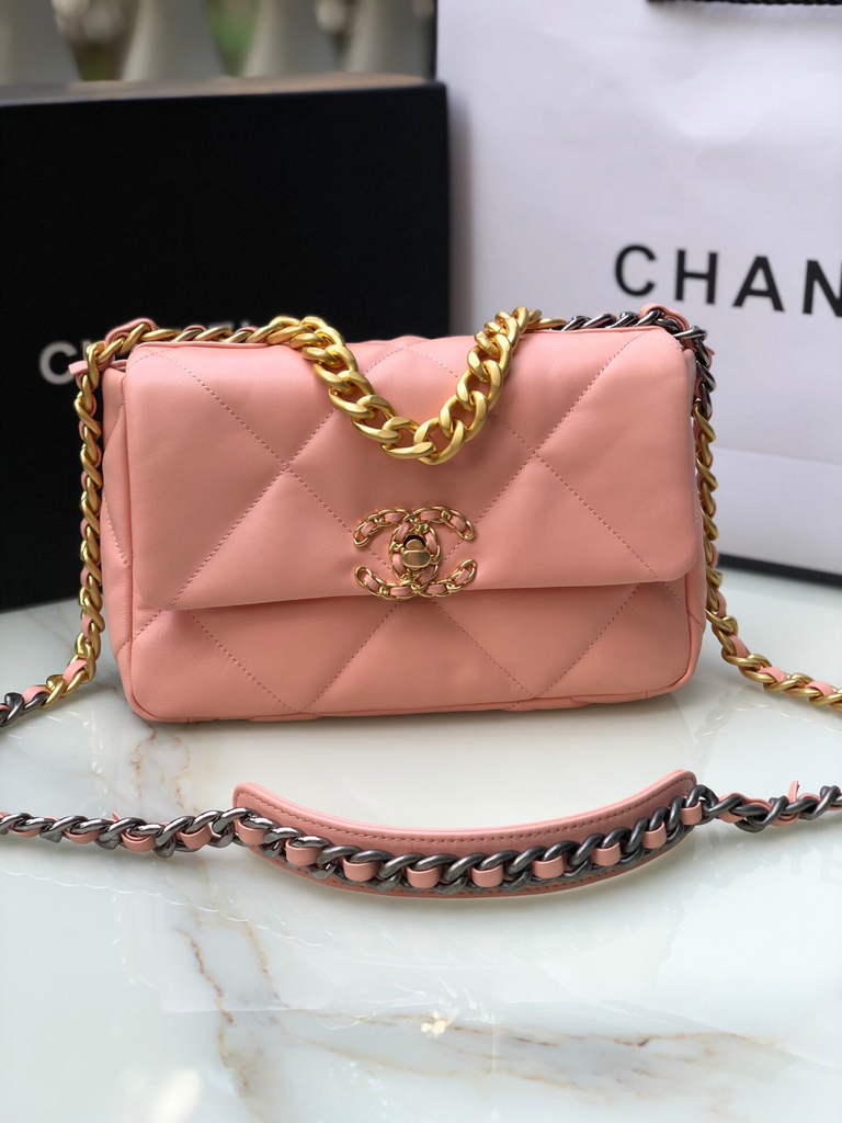 Chanel 19 handbags AS1160 Lambskin light pink gold
