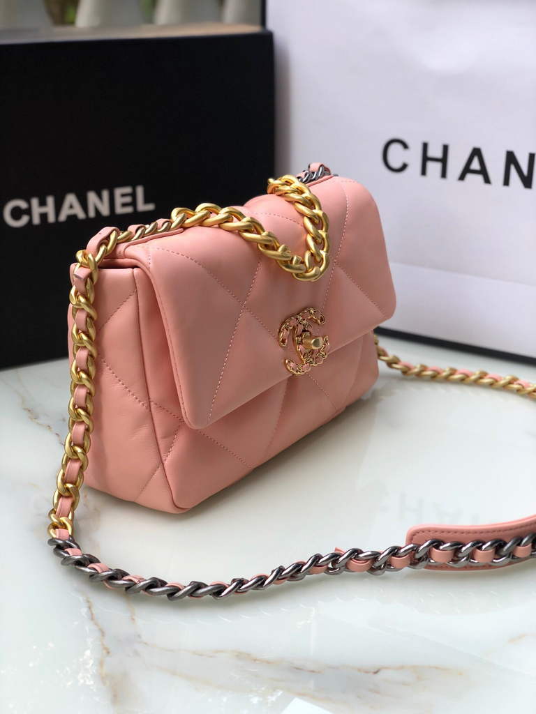Chanel 19 handbags AS1160 Lambskin light pink gold