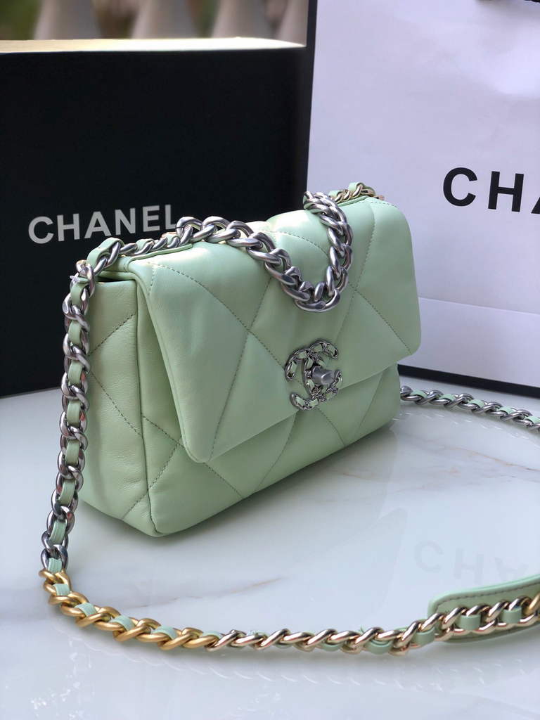 Chanel 19 handbags AS1160 Lambskin light green silver