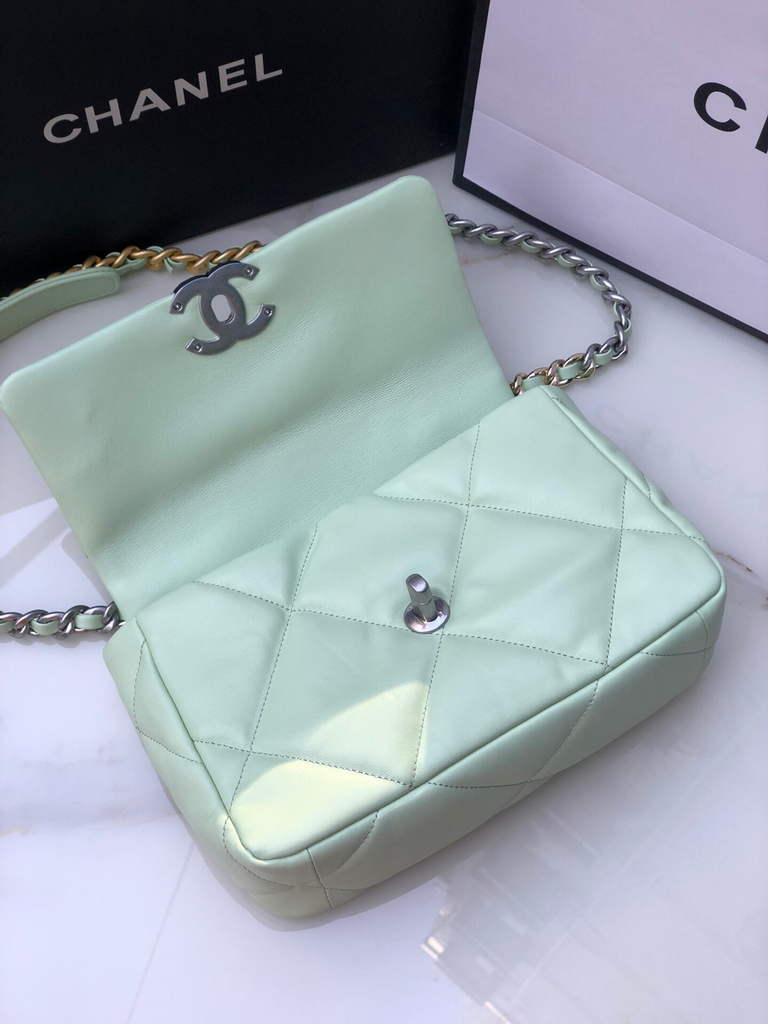 Chanel 19 handbags AS1160 Lambskin light green silver