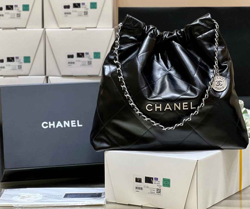 Chanel 22 Bag AS3261 Black Shiny Calfskin Silver-Tone Metal