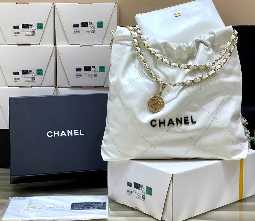 Chanel 22 Bag AS3261 White Shiny Calfskin Gold-Tone Metal Black Logo