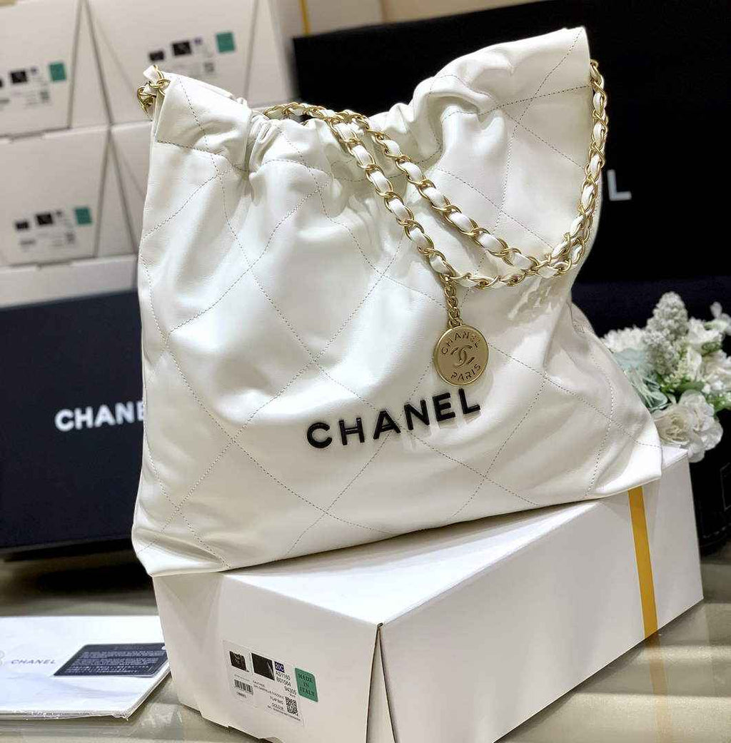 Chanel 22 Bag AS3261 White Shiny Calfskin Gold-Tone Metal Black Logo