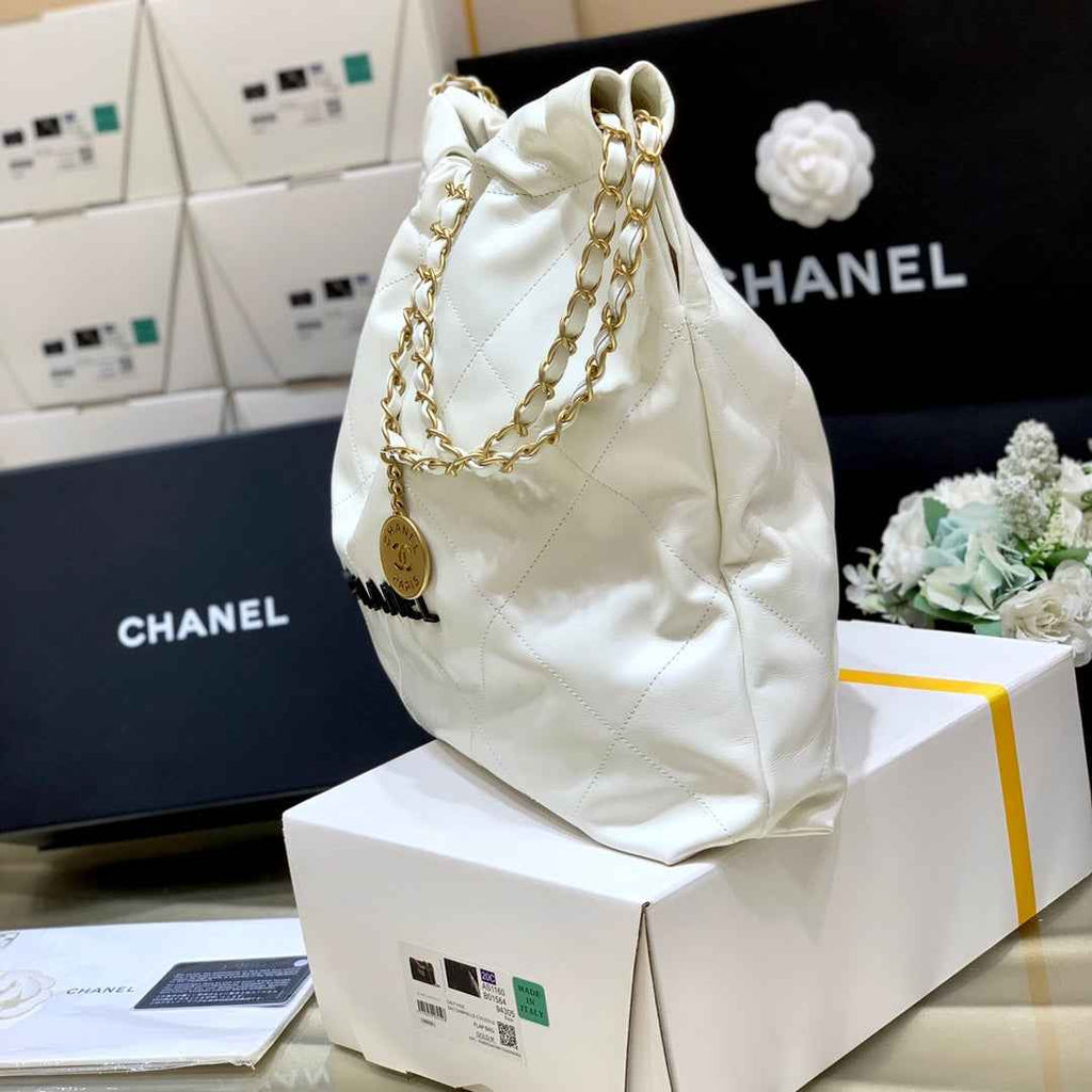 Chanel 22 Bag AS3261 White Shiny Calfskin Gold-Tone Metal Black Logo