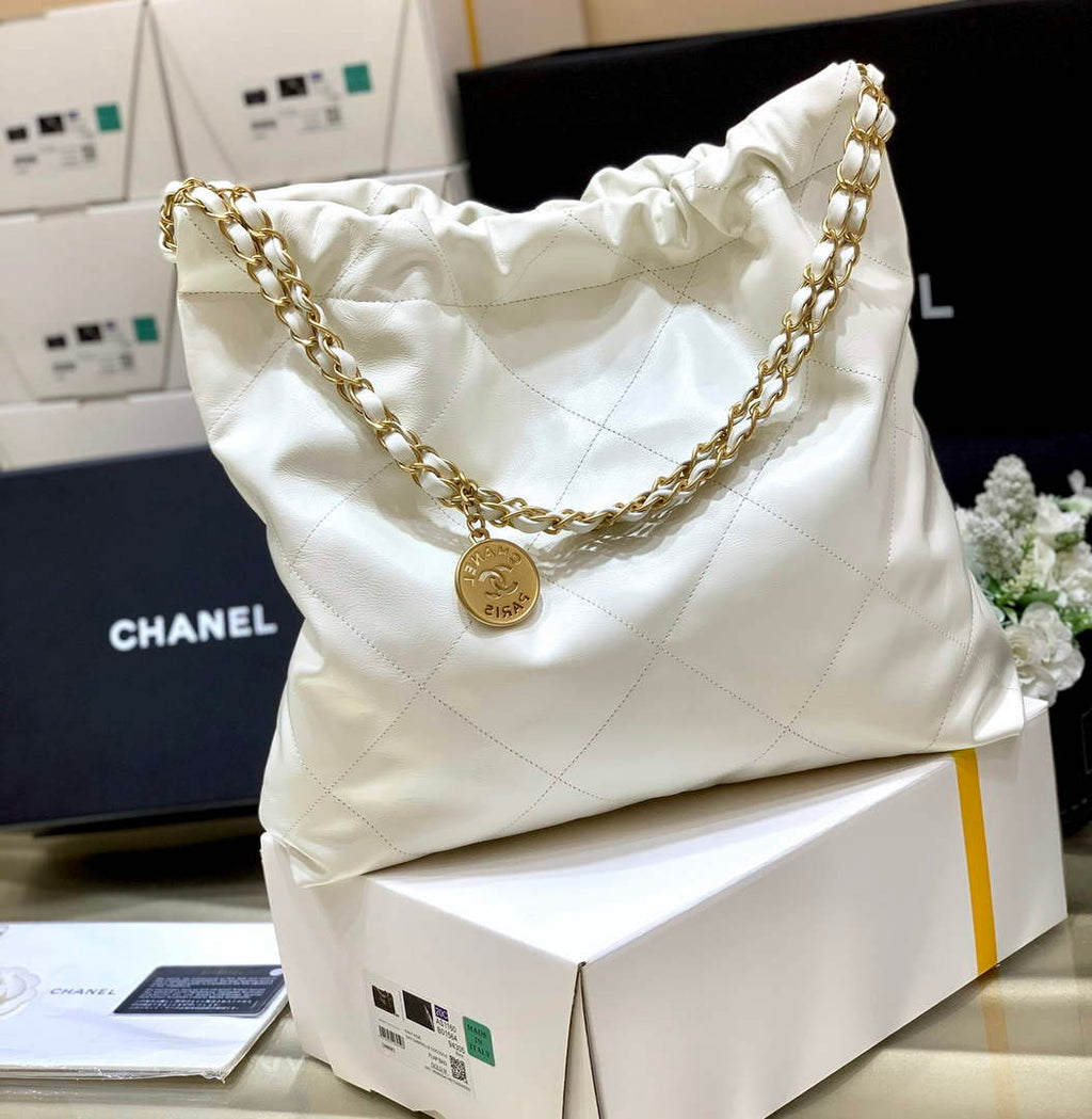 Chanel 22 Bag AS3261 White Shiny Calfskin Gold-Tone Metal Black Logo