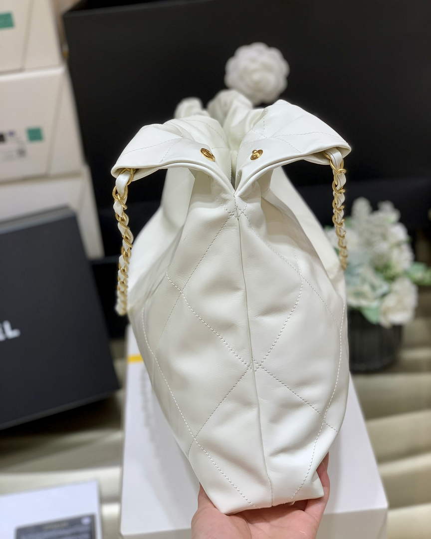 Chanel 22 Bag AS3261 White Shiny Calfskin Gold-Tone Metal Black Logo