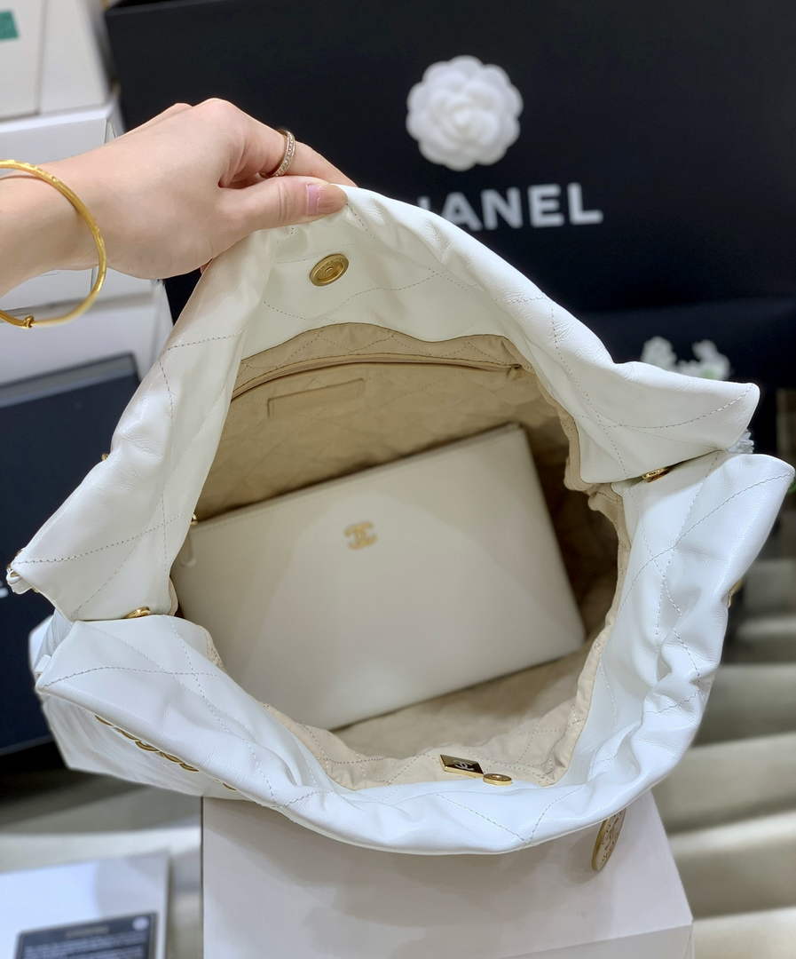 Chanel 22 Bag AS3261 White Shiny Calfskin Gold-Tone Metal Black Logo