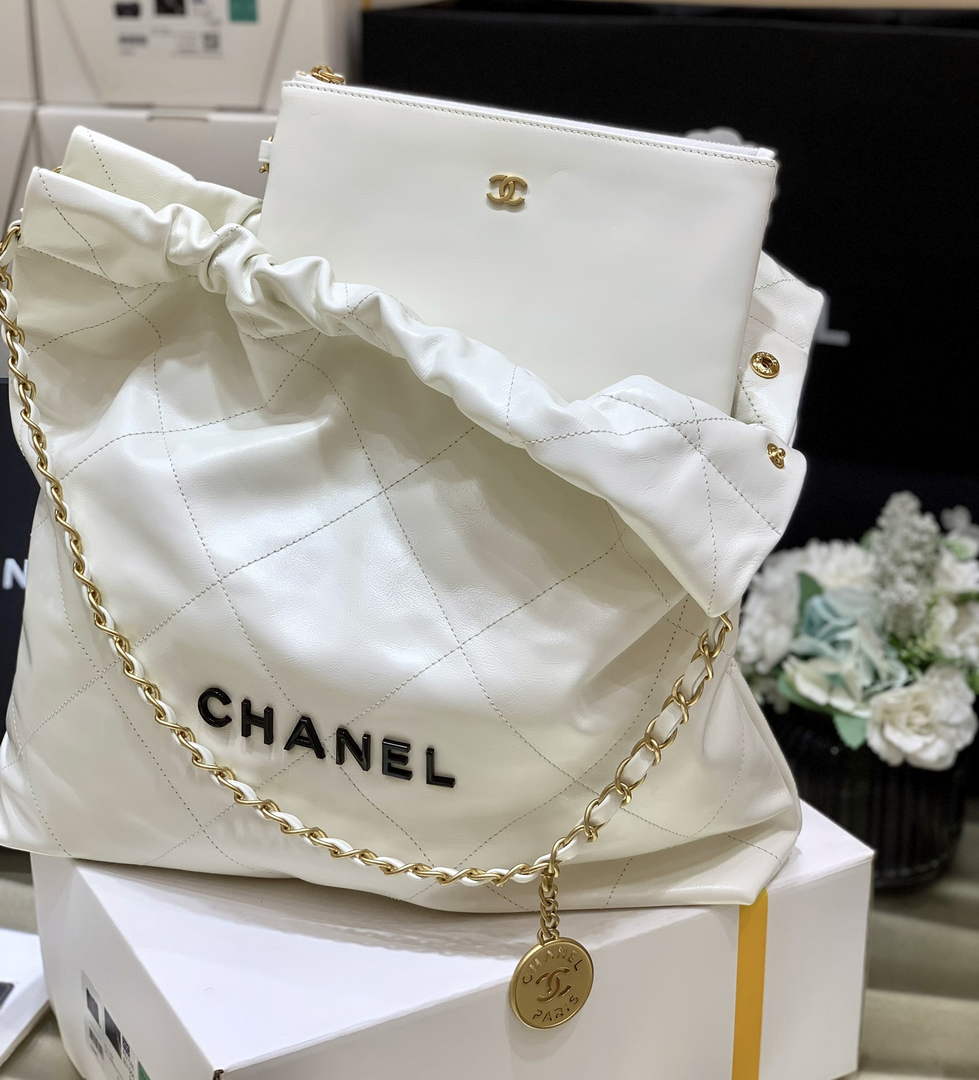 Chanel 22 Bag AS3261 White Shiny Calfskin Gold-Tone Metal Black Logo