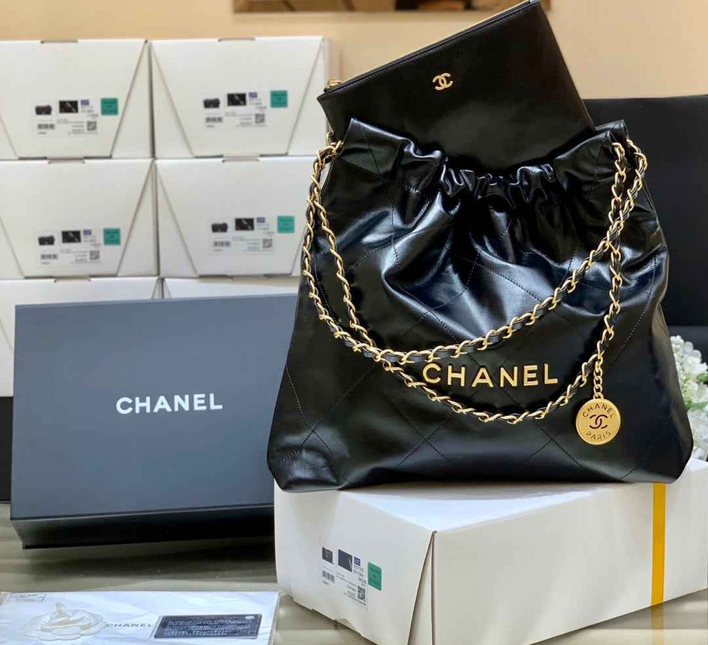 Chanel 22 Bag AS3261 Black Shiny Calfskin Gold-Tone Metal