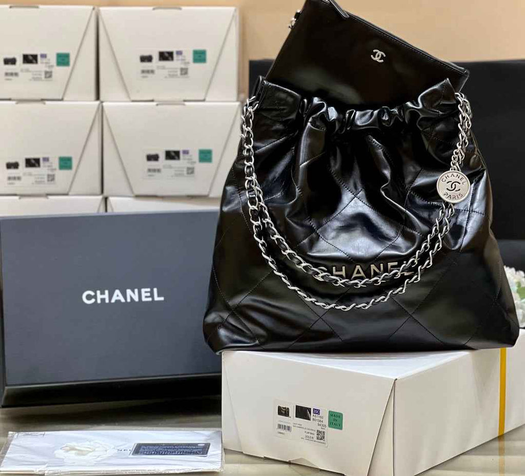 Chanel 22 Bag AS3261 Black Shiny Calfskin Silver-Tone Metal