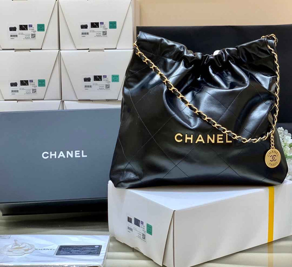 Chanel 22 Bag AS3261 Black Shiny Calfskin Gold-Tone Metal