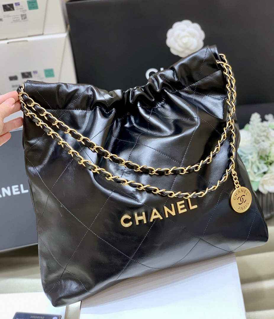 Chanel 22 Bag AS3261 Black Shiny Calfskin Gold-Tone Metal