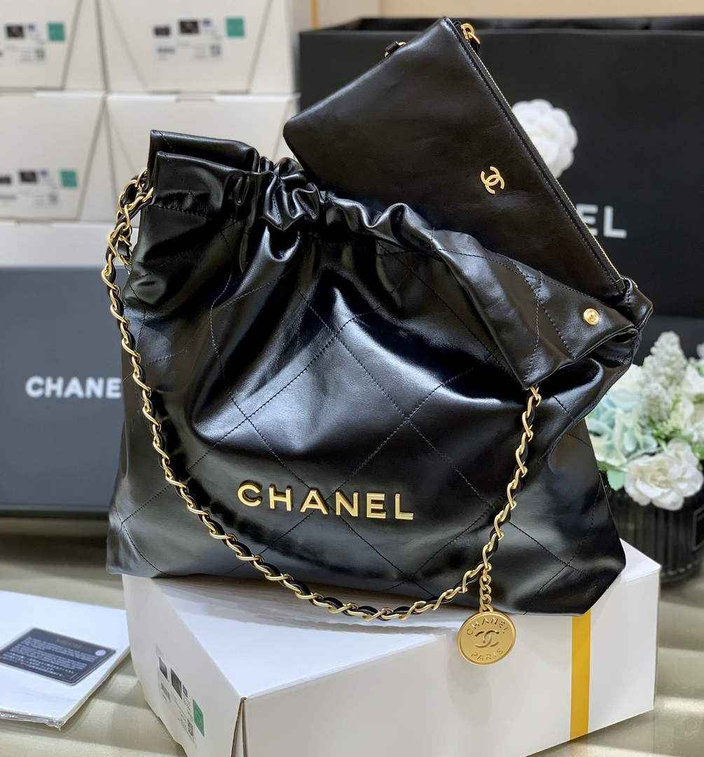 Chanel 22 Bag AS3261 Black Shiny Calfskin Gold-Tone Metal