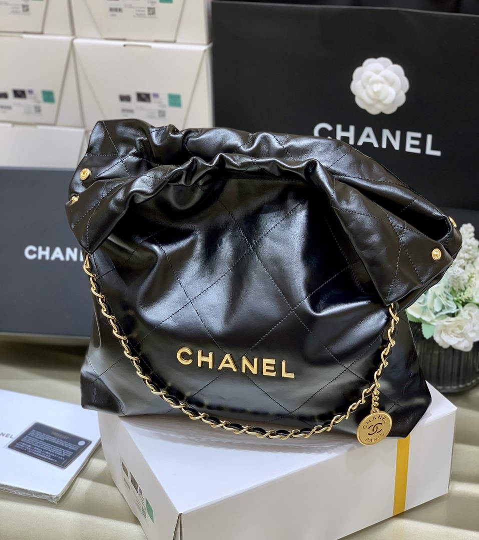 Chanel 22 Bag AS3261 Black Shiny Calfskin Gold-Tone Metal