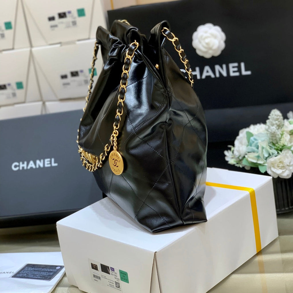 Chanel 22 Bag AS3261 Black Shiny Calfskin Gold-Tone Metal