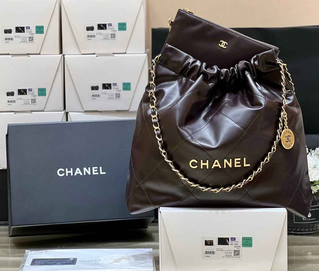 Chanel 22 Bag AS3261 Coffee Shiny Calfskin Gold-Tone Metal