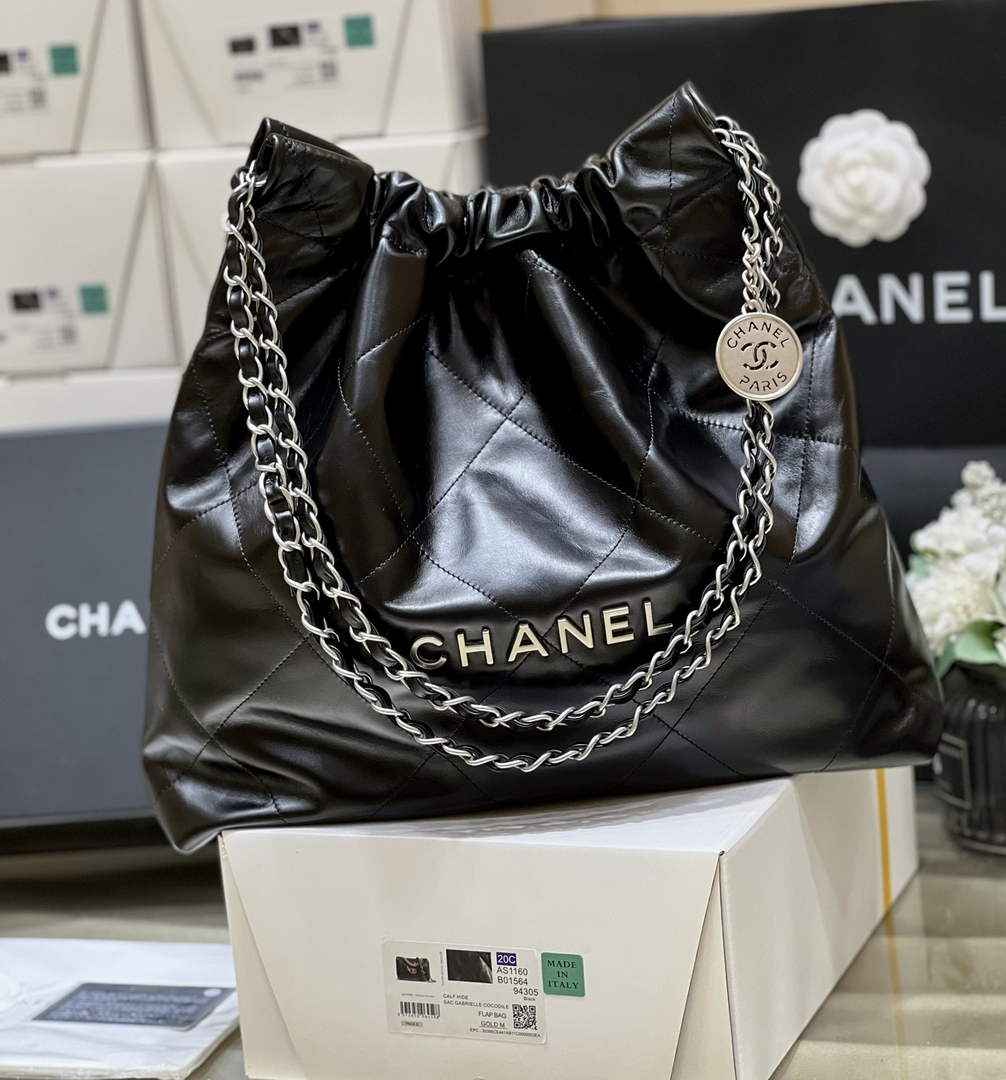 Chanel 22 Bag AS3261 Black Shiny Calfskin Silver-Tone Metal