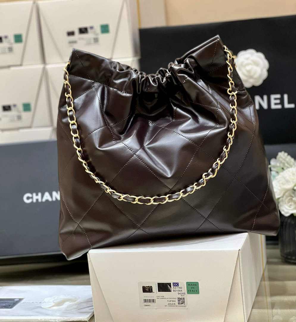 Chanel 22 Bag AS3261 Coffee Shiny Calfskin Gold-Tone Metal
