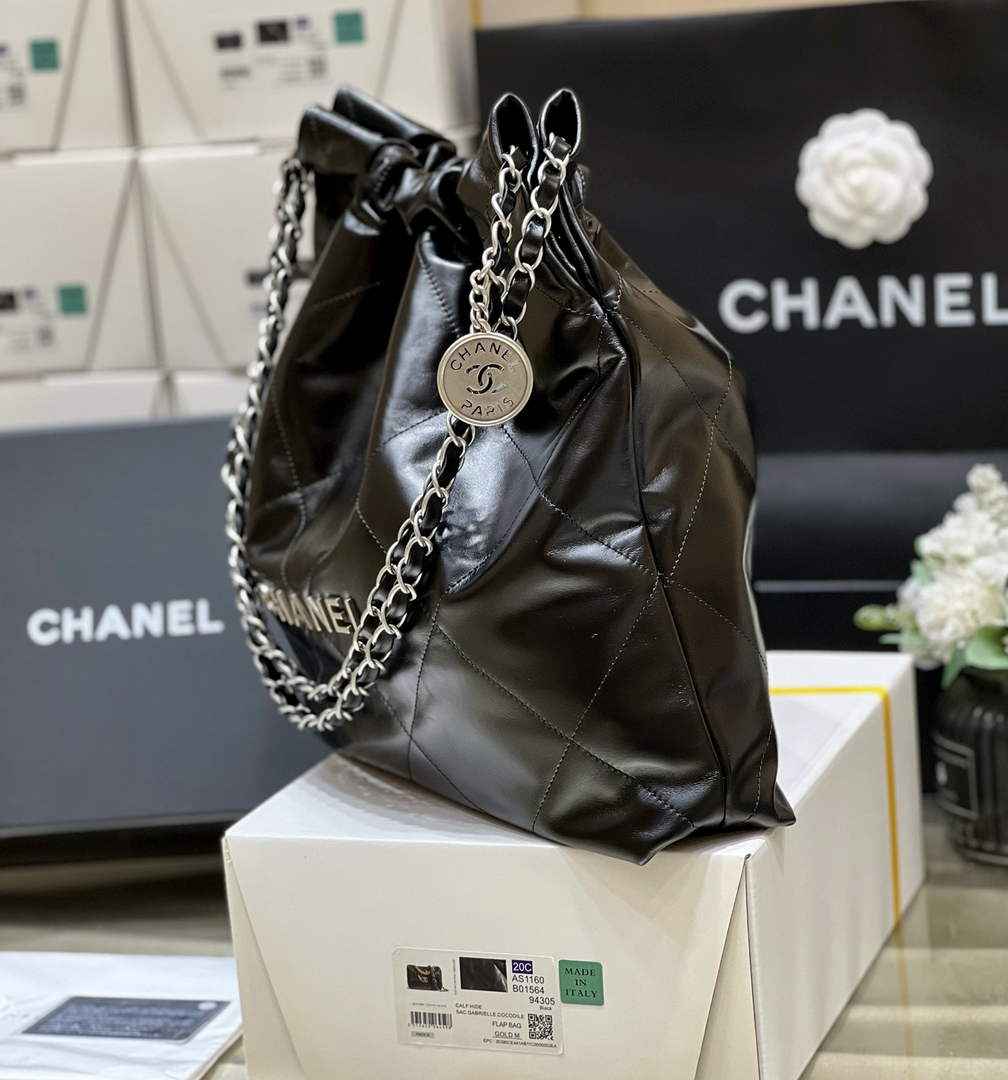 Chanel 22 Bag AS3261 Black Shiny Calfskin Silver-Tone Metal