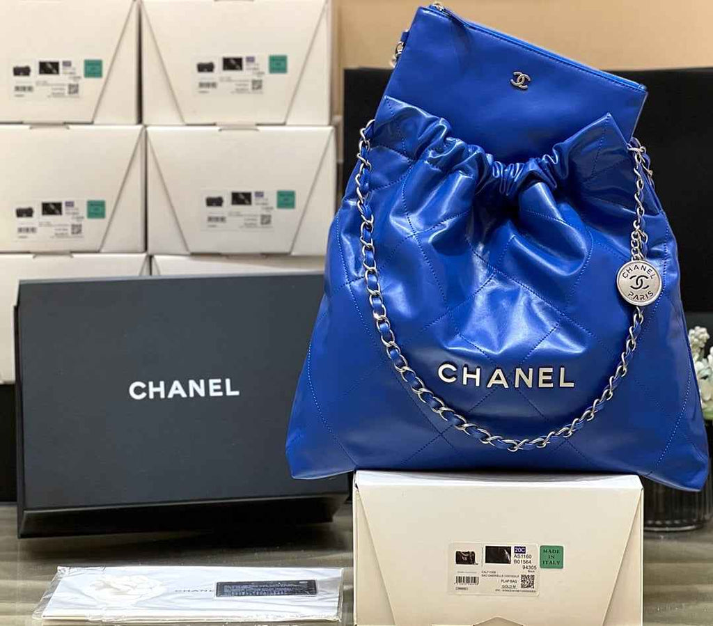 Chanel 22 Bag AS3261 Blue Shiny Calfskin Silver-Tone Metal
