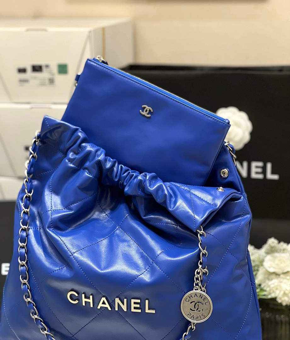 Chanel 22 Bag AS3261 Blue Shiny Calfskin Silver-Tone Metal