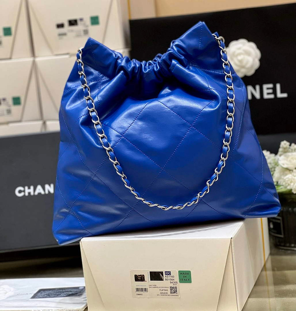 Chanel 22 Bag AS3261 Blue Shiny Calfskin Silver-Tone Metal