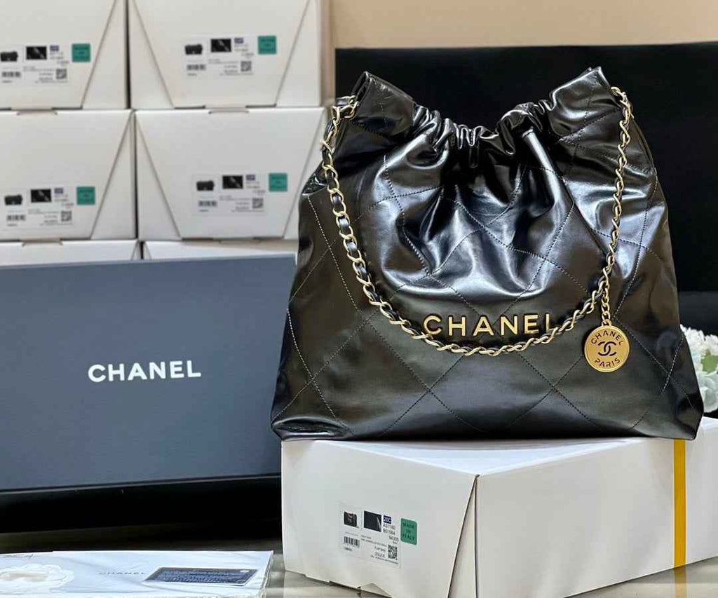Chanel 22 Bag AS3261 Silver Gray Shiny Calfskin Gold-Tone Metal
