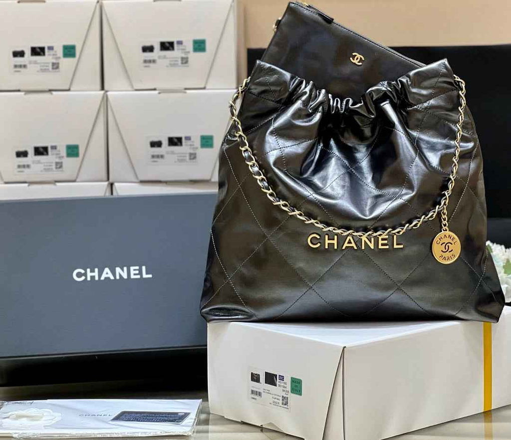Chanel 22 Bag AS3261 Silver Gray Shiny Calfskin Gold-Tone Metal