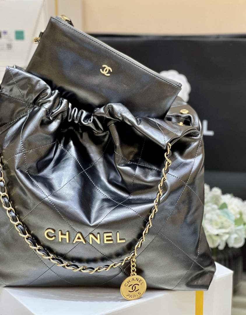 Chanel 22 Bag AS3261 Silver Gray Shiny Calfskin Gold-Tone Metal