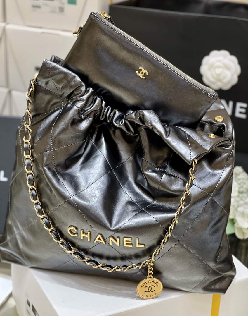 Chanel 22 Bag AS3261 Silver Gray Shiny Calfskin Gold-Tone Metal