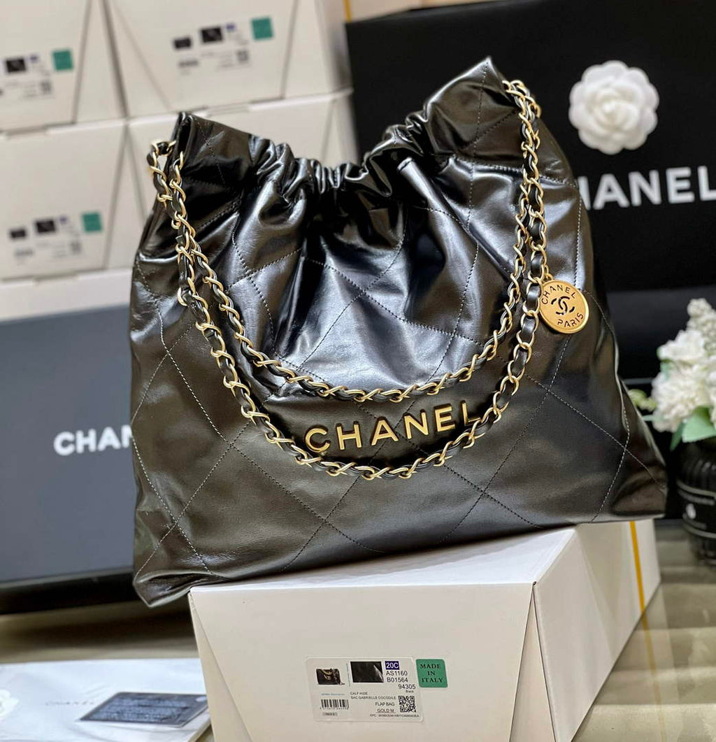 Chanel 22 Bag AS3261 Silver Gray Shiny Calfskin Gold-Tone Metal