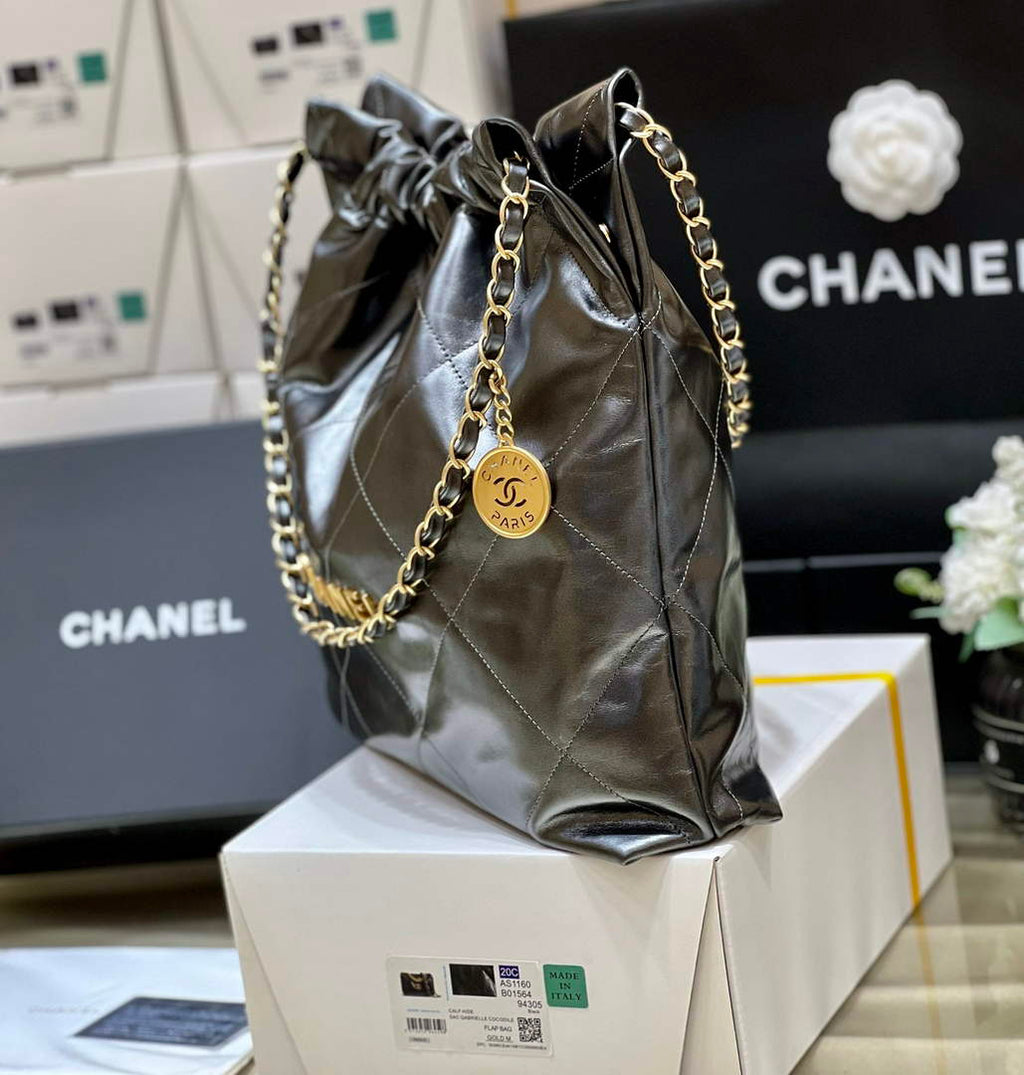 Chanel 22 Bag AS3261 Silver Gray Shiny Calfskin Gold-Tone Metal