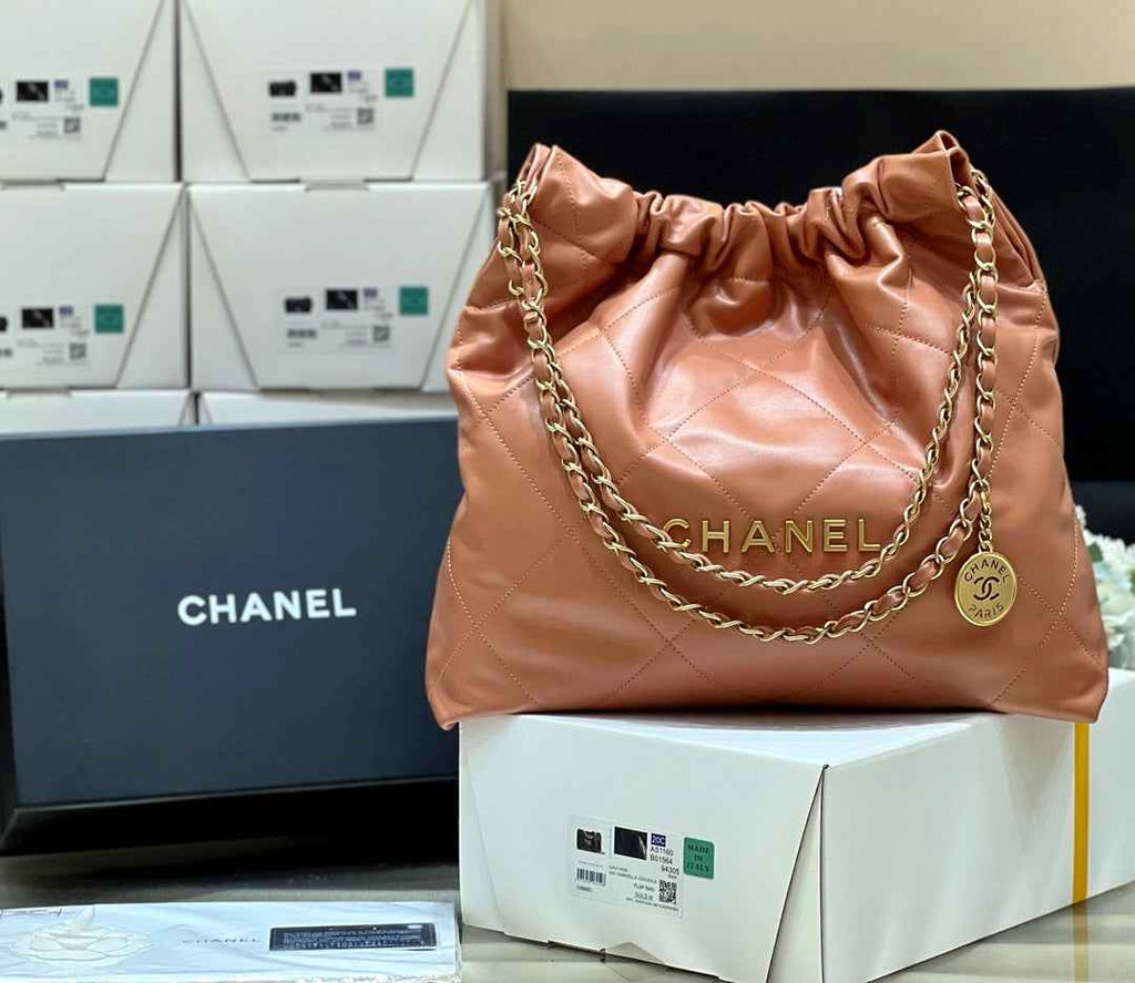 Chanel 22 Bag AS3261 Camel Shiny Calfskin Gold-Tone Metal