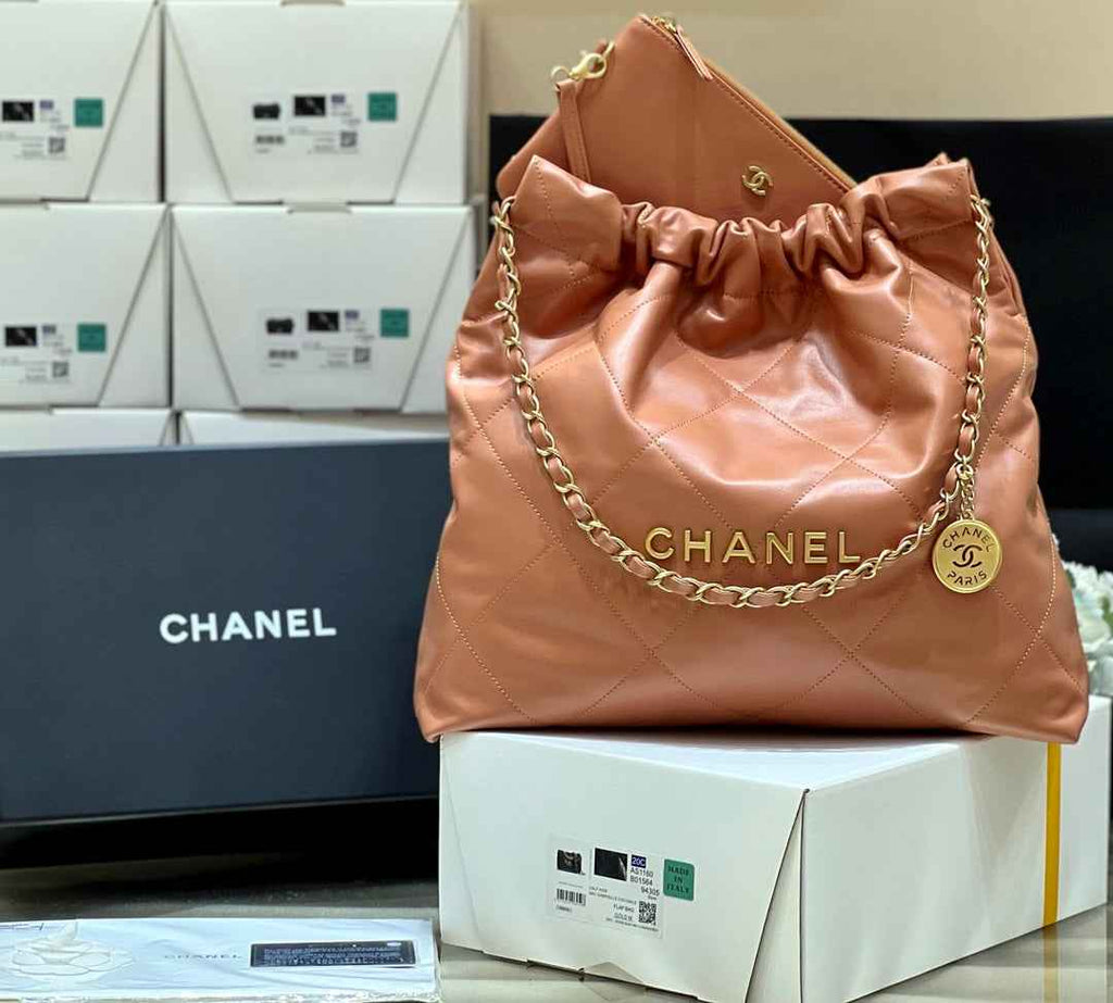 Chanel 22 Bag AS3261 Camel Shiny Calfskin Gold-Tone Metal