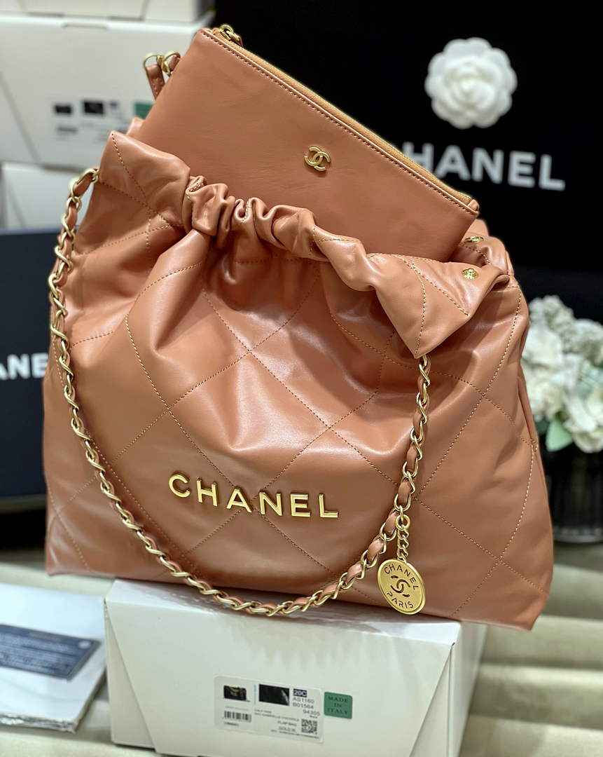 Chanel 22 Bag AS3261 Camel Shiny Calfskin Gold-Tone Metal