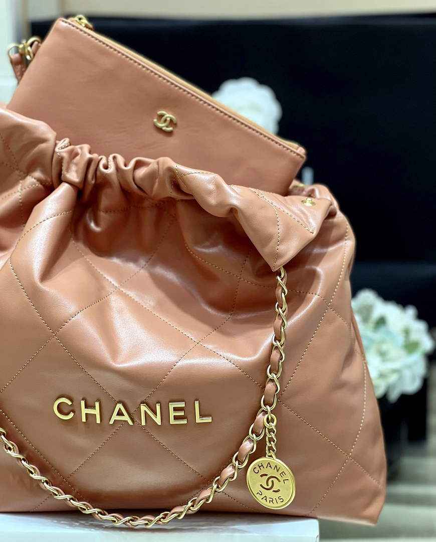Chanel 22 Bag AS3261 Camel Shiny Calfskin Gold-Tone Metal