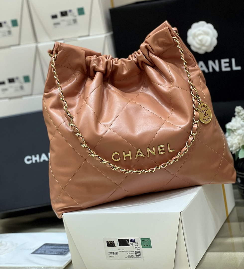 Chanel 22 Bag AS3261 Camel Shiny Calfskin Gold-Tone Metal