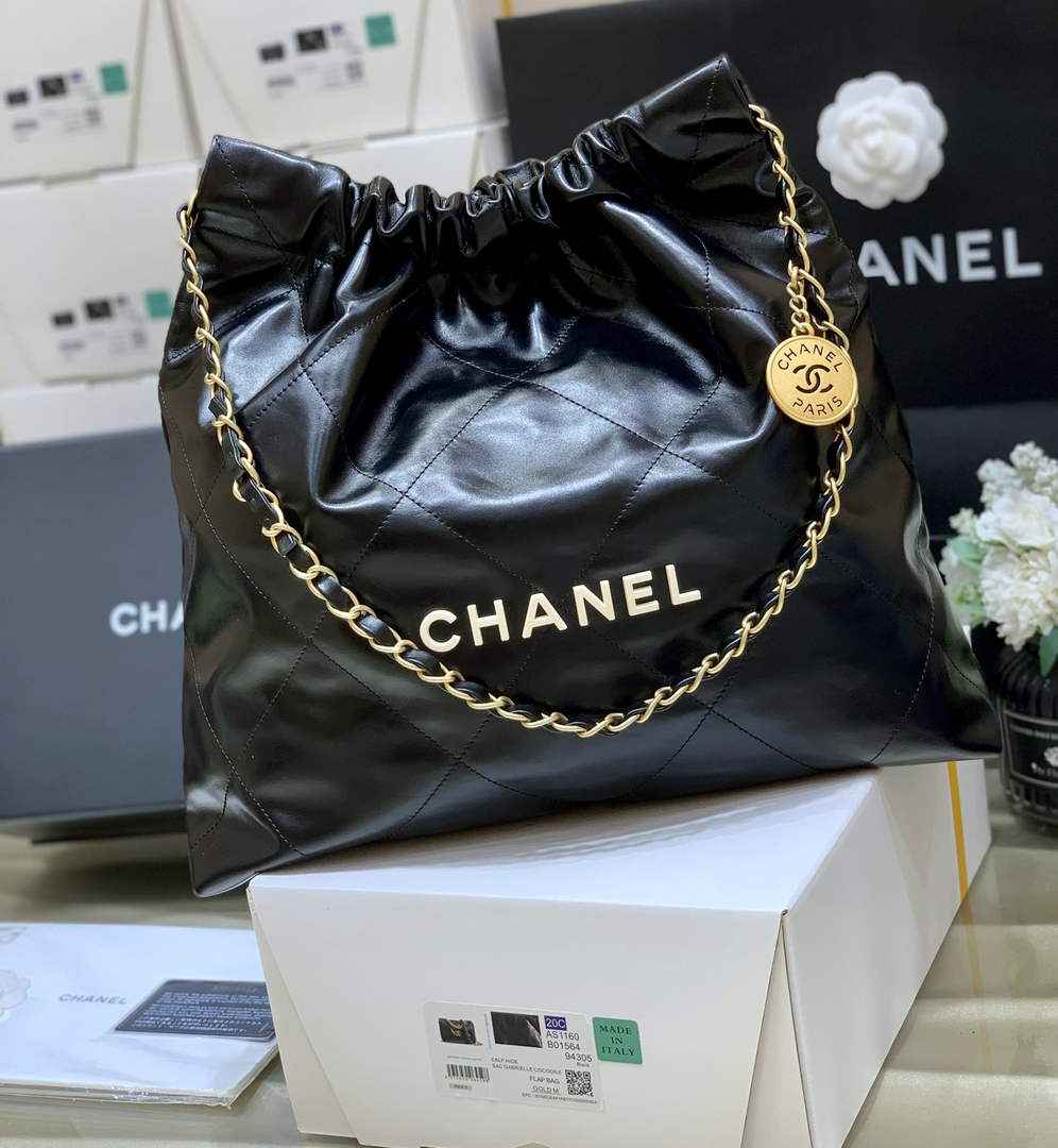 Chanel 22 Bag AS3261 Black Shiny Calfskin White-Tone Metal