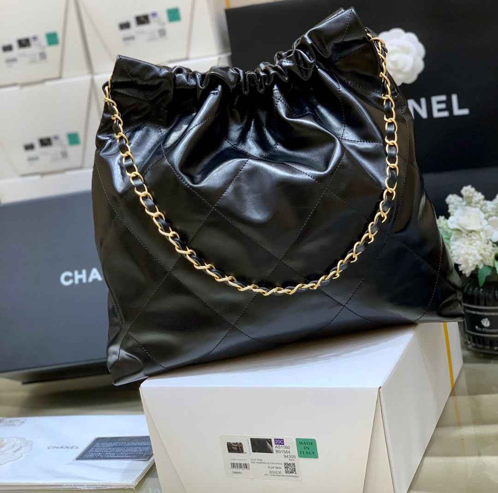 Chanel 22 Bag AS3261 Black Shiny Calfskin White-Tone Metal