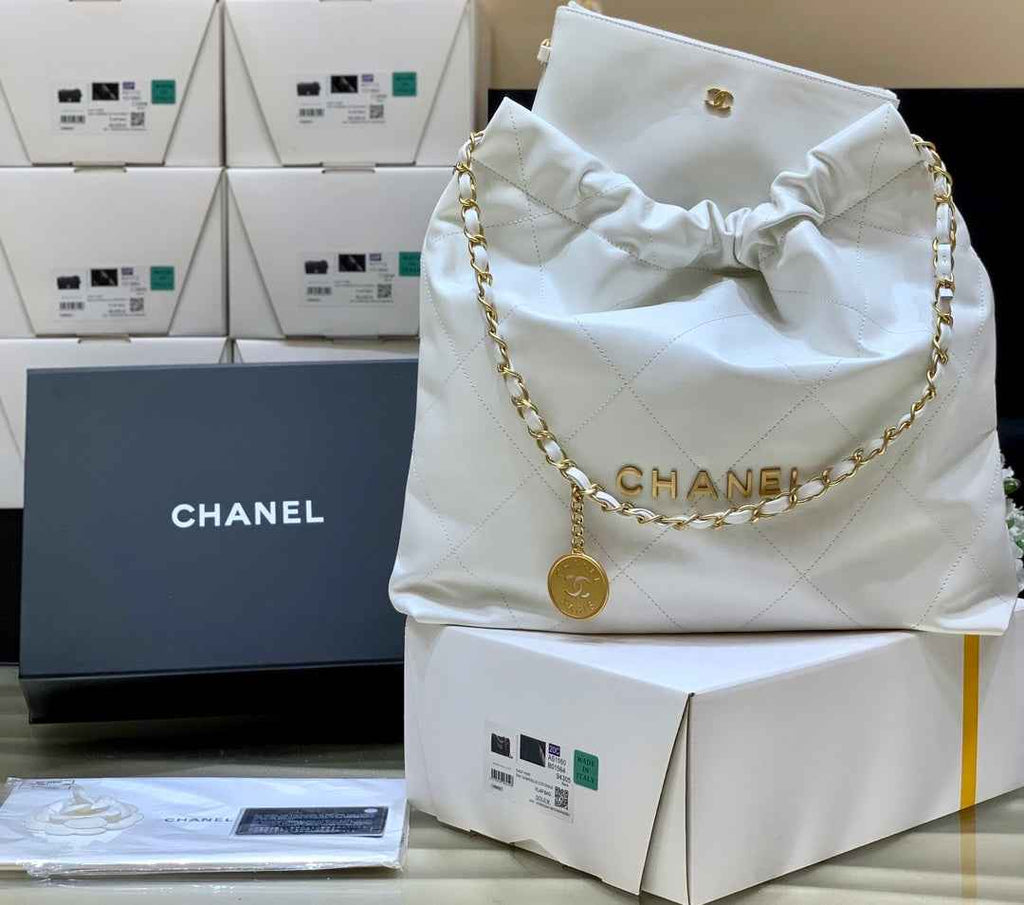 Chanel 22 Bag AS3261 White Shiny Calfskin Gold-Tone Metal