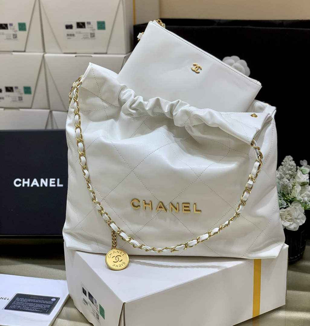 Chanel 22 Bag AS3261 White Shiny Calfskin Gold-Tone Metal