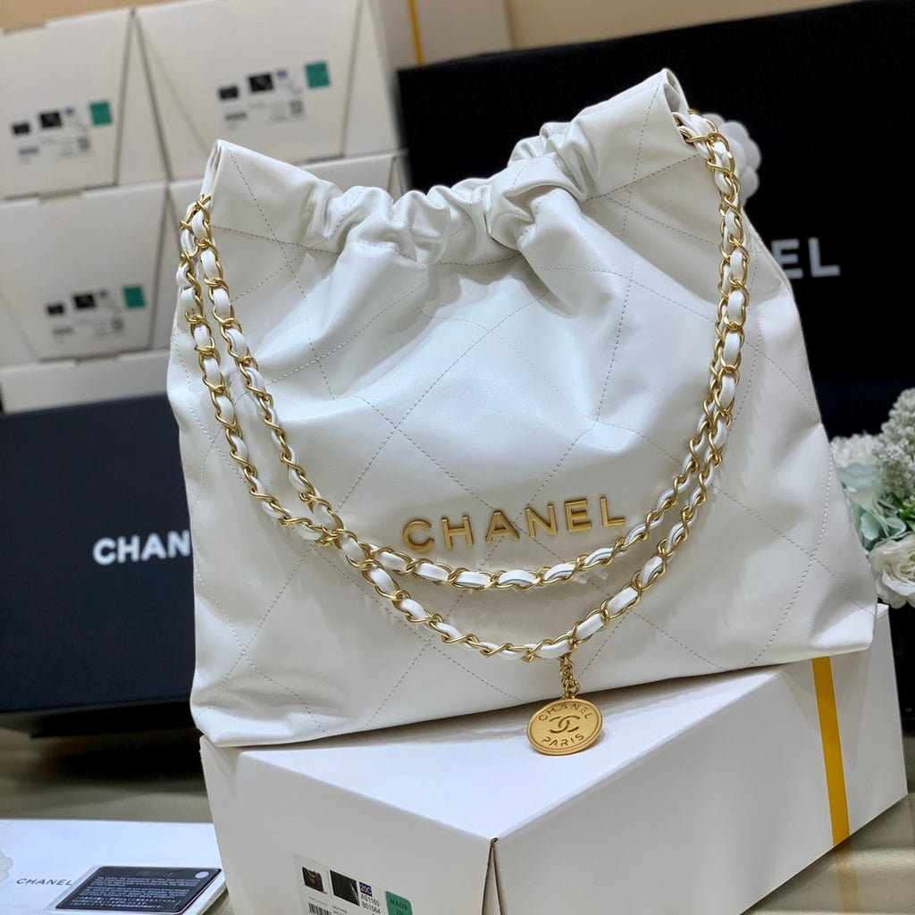 Chanel 22 Bag AS3261 White Shiny Calfskin Gold-Tone Metal