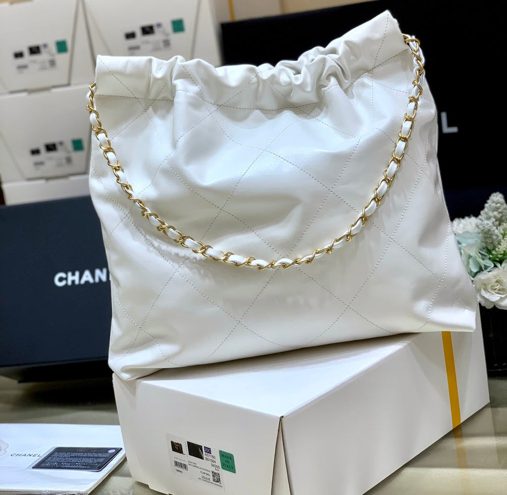 Chanel 22 Bag AS3261 White Shiny Calfskin Gold-Tone Metal