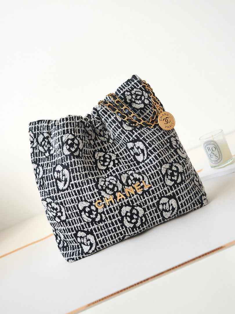 Chanel 22 Handbag AS3260 Cashmere Jacquard Black White