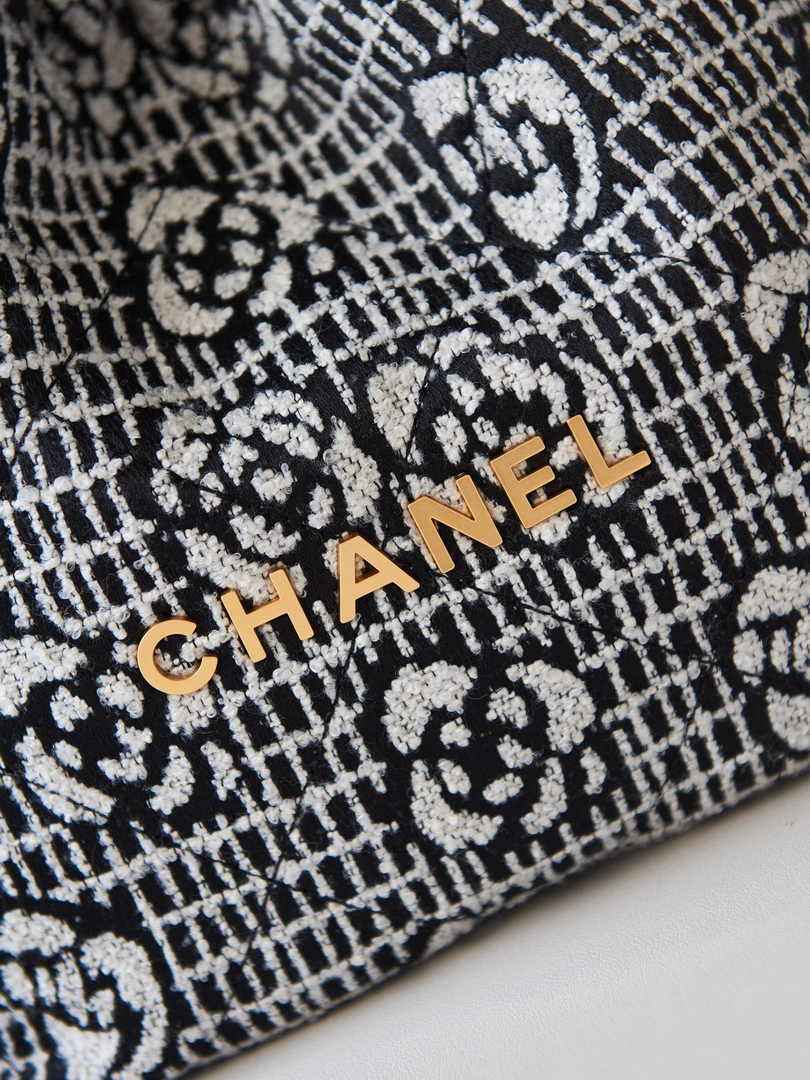 Chanel 22 Handbag AS3260 Cashmere Jacquard Black White