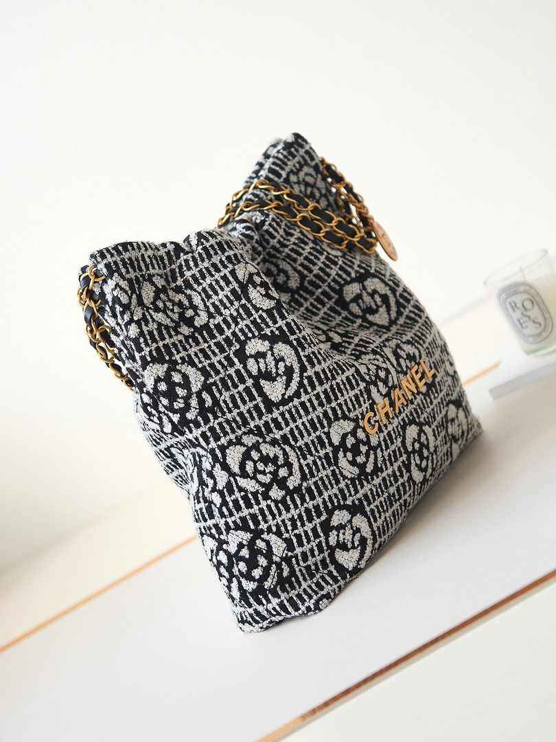 Chanel 22 Handbag AS3260 Cashmere Jacquard Black White