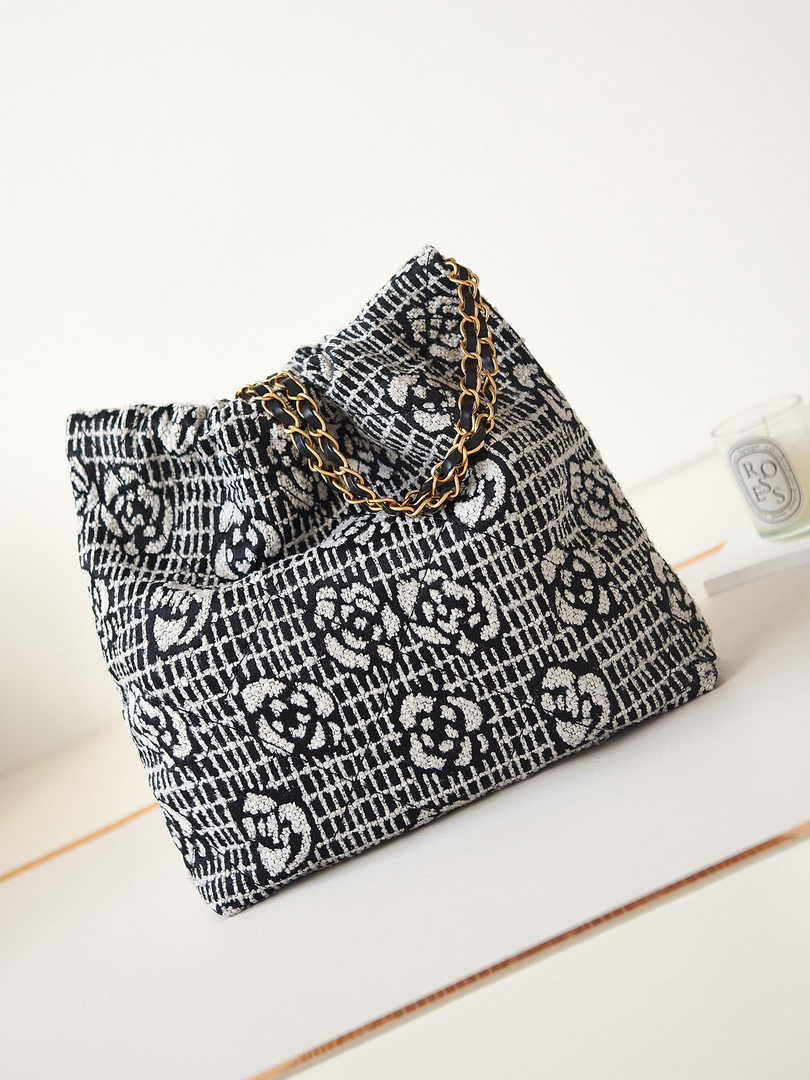 Chanel 22 Handbag AS3260 Cashmere Jacquard Black White
