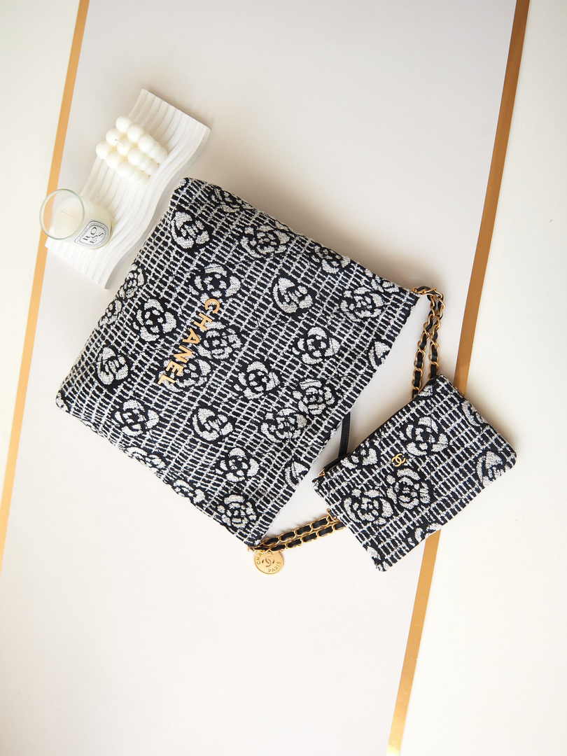 Chanel 22 Handbag AS3260 Cashmere Jacquard Black White