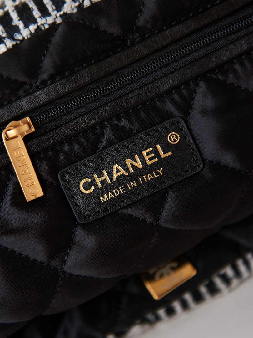 Chanel 22 Handbag AS3260 Cashmere Jacquard Black White